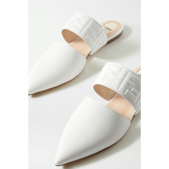 Fendi Motif FF Logo Snow White Leather Pointed Toe Ballerina Ballet Mule Flat 37 - Picture 4 of 12